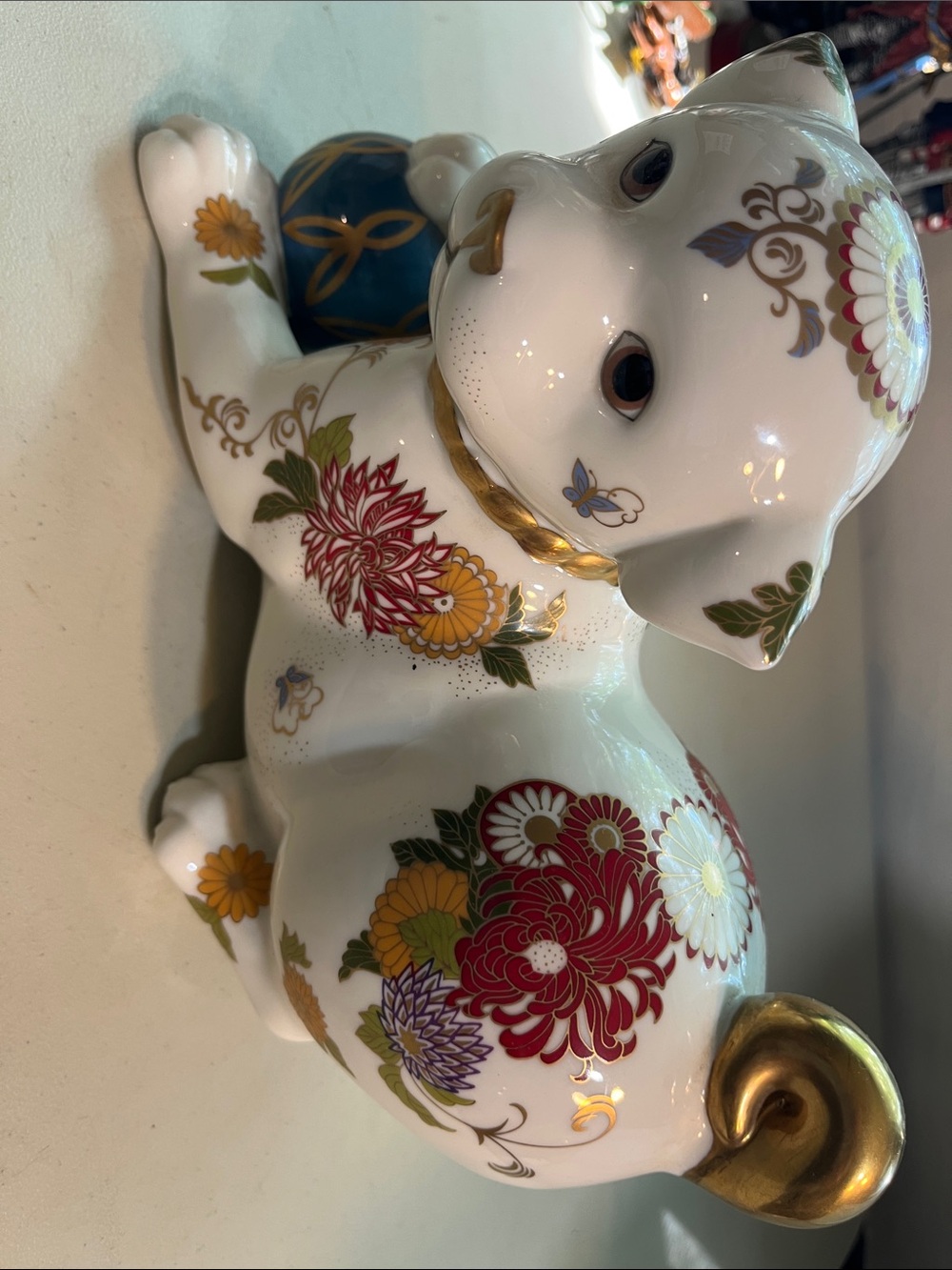 Decorative Porcelain Floral Cat Figurine - White with Multicolor Flowers